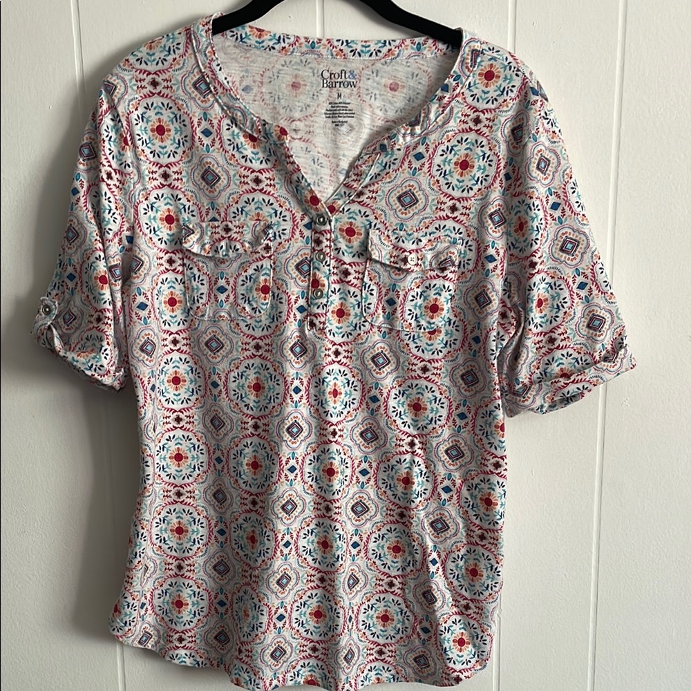 croft & barrow White Multicolor Medallion Print Henley Top